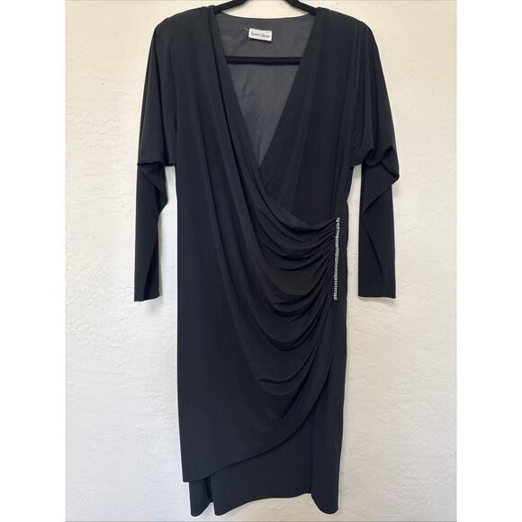 Neiman Marcus Dresses & Skirts - Vtg 80s Neiman Marcus Black Dress Ruched Rhinestones Long Sleeve Shoulder Pads